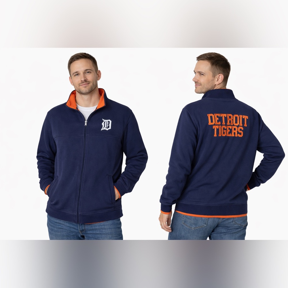 Reebok Detroit Tigers MLB Baseball Full Zip Jacket Navy Orange Mens M